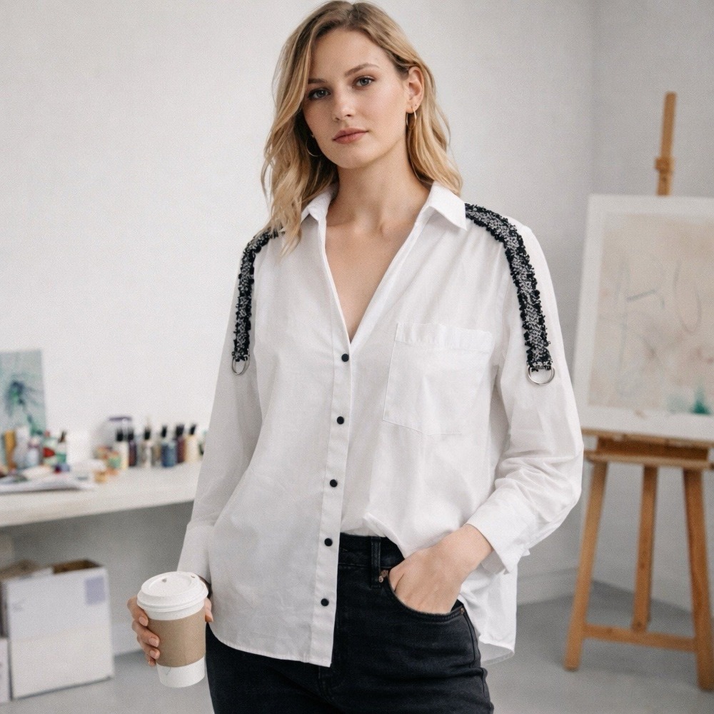 Zara White‎ V-Neck Button Up Shirt S Black Tweed Shoulder Detail Metal Rings